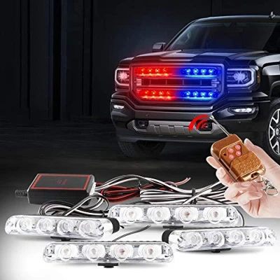 Afbeelding van 4 x leds, in 1, draadloos, DC12 V, noodgevallen, stroboscoop, waarschuwingsstang knipperlicht voor auto, vrachtwagen, DRL, ambulance politie motorfiets (2 rood licht, 2 blauw licht)