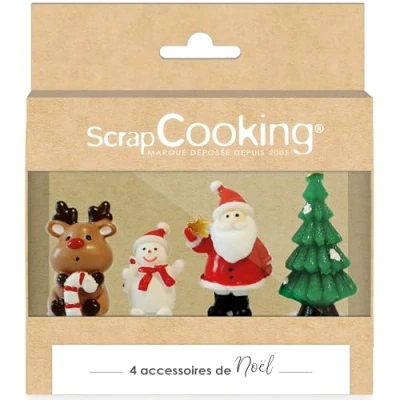 Afbeelding van 4 Decoraties Log Sweet Xmas rendier, sneeuwpop, kerstman en spar taartdecoraties gebak accessoires 4942