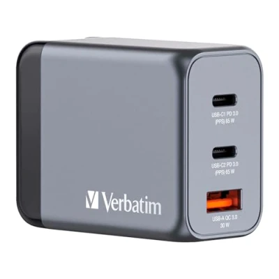Afbeelding van Verbatim Ladeadapter, Universal, GNC 65, GaN, 65W, grau 1x USB A QC, 2x C PD, Retail