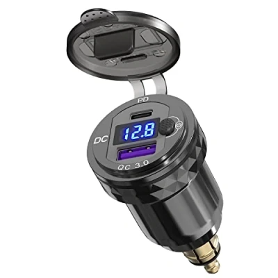 Afbeelding van USB Din snellader voor motorfiets, Qidoe dubbele poort QC3.0 en C adapter Hella naar met blauwe led BMW Ducati TriumphTiger 12 24V motorfiets andere motorfietsen in europstijl