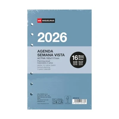 Image de Miquelrius ES EN PT Recharge agenda semainier 2026, 16 mois, vue hebdomadaire, format A6+ (117 x 182 mm), rechange pour 6 anneaux