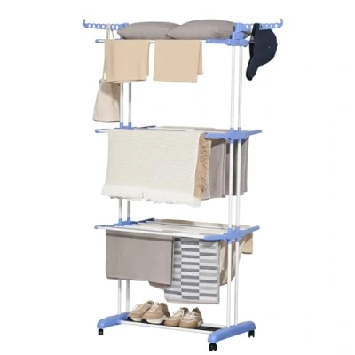 Afbeelding van HOMCOM Droogrek op wielen, inklapbaar, stalen frame, zijvleugels, voor binnen en buiten, 3 niveaus, 73 x 64 177 cm, blauw/zilver