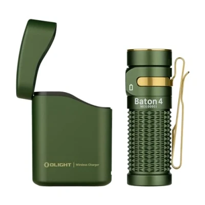 Afbeelding van OLIGHT Baton 4 led zaklamp, stroomvoorziening met draadloze oplader, krachtig, 1300 lumen, 170 m, 190 dagen, looptijd, max. waterdicht, IPX 8, voor camping, outdoor en noodgevallen, groen