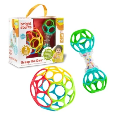 Image de Bright Starts Easy Grasp Oball Bundle Lot de 2 balles et hochets sans BPA Unisexe Motif herbe du jour