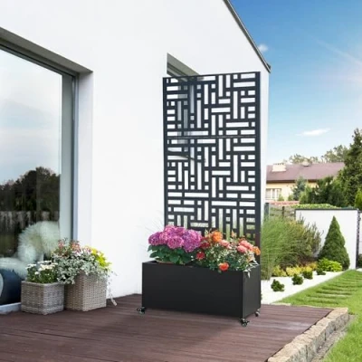 Afbeelding van casa.pro Jardinière Brise Vue avec 4 Roulettes dont 2 Freins Cloison de Séparation Paravent Bac à Fleurs Acier Galvanisé 190 x 82 38 cm Noir