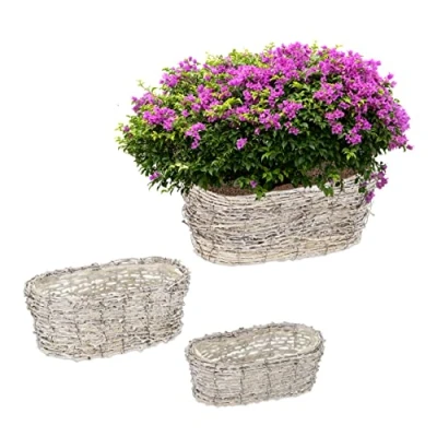 Afbeelding van Relaxdays plantenbak 3 stuks rotan bloempot ovaal met folie witte look
