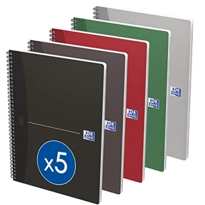 Afbeelding van OXFORD Essentials Notitieboekje, A4, groot, geruit, 180 pagina&#039;s, spiraalbinding, omslag, kaarten, verschillende kleuren, 5 stuks