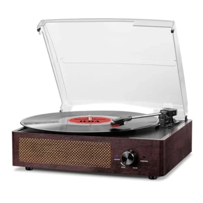 Afbeelding van Draagbaar Bluetooth 3 Speed Vinyl Deck (33 1/3, 45 78 RPM), Vintage Draaitafel met Ingebouwde Stereo Luidsprekers, Ondersteunt RCA/3.5mm Jack Uitgang Bruin