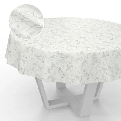 Afbeelding van Afwasbaar tafelzeil, rond, voor tuintafel, binnen en buiten, met afgesneden rand, motief bladeren, grijs, 140 cm