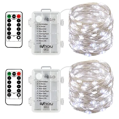 Afbeelding van BXROIU 2 x 50 leds zilverdraad micro lichtketting op batterijen 8 programma&#039;s (koud wit)