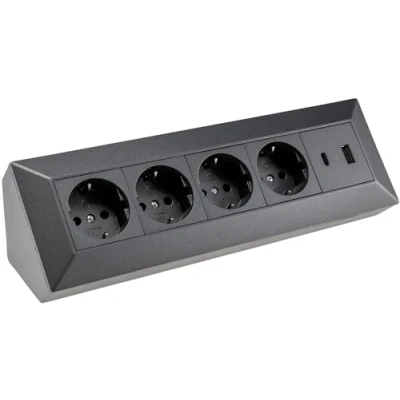 Afbeelding van ChiliTec 4 voudige hoekstekkerdoos met USB A C PD voor kantoor, keuken, werkplaats, bouw, inbouwmontage, antraciet