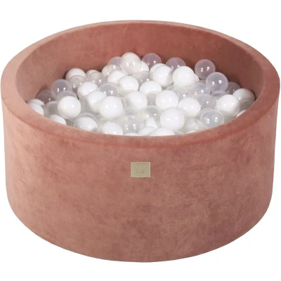 Afbeelding van Ronde ballenbak VELVET 90x40 Marsala Rood incl 300 ballen Wit, Transparant Ballenbakje.nl