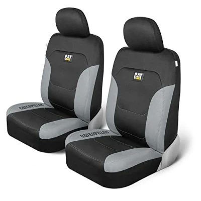 Afbeelding van CAT erpillar Flexfit Autostoelhoezen voor auto, vrachtwagen en SUV, 2 stuks, zwarte voorstoelhoezen, stoelbescherming met grijze honingraatrand, binnenhoezen