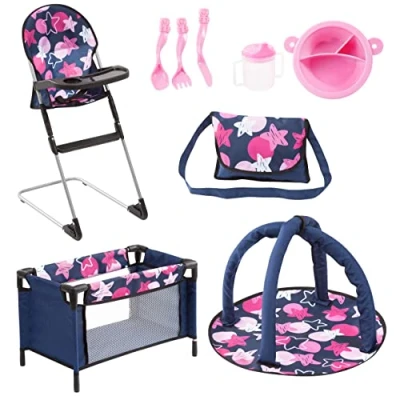 Afbeelding van Bayer Design 61769AB Poppenaccessoireset, kinderstoel, poppenbed, schoudertas, kruipmat, kunststof accessoires
