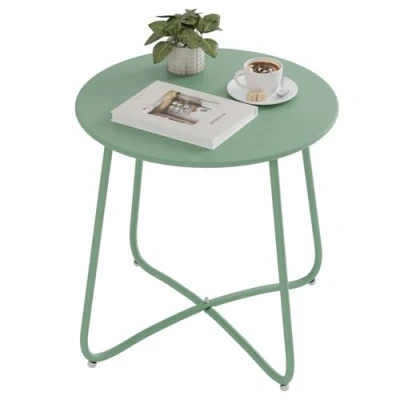 Afbeelding van eSituro Tuintafel, banktafel, ronde salontafel, balkontafel, voor binnen en buiten, terras, woonkamer, metaal, groen, Ø 48 x 45 cm