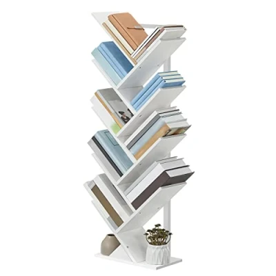 Afbeelding van HOOBRO EWT08SJ01G1 Staande boekenkast in boomvorm met 9 niveaus voor thuiskantoor, boekenopslag, cd&#039;s, sterk en stabiel, woonkamer, wit