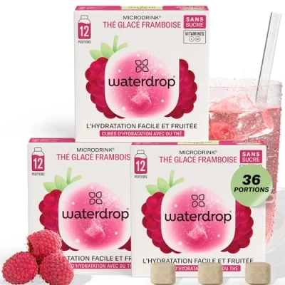 Afbeelding van waterdrop® IJsthee, framboos, 36 ijsblokjes, zonder suiker, zwarte thee en gearomatiseerde watertabletten, natuurlijke fruit plantenextracten, verrijkt met vitamine C B