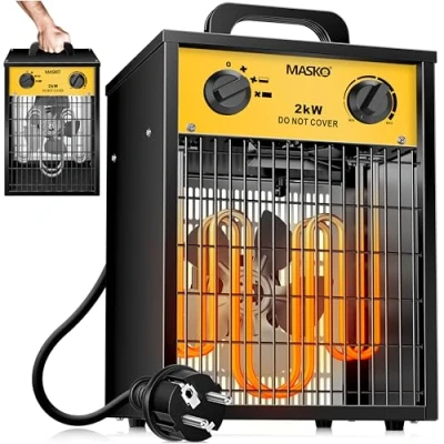 Afbeelding van Masko® Elektrische verwarming, ventilatorkachel, 2 kW, met geïntegreerde thermostaat, 2000 W, 3 warmtestanden, voor binnen en buiten, overbelastingsbeveiliging, geel