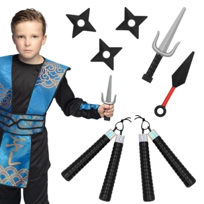 Afbeelding van Boland Set 7 ninja wapens 3 sterren + 2 nunchucks sai mes Ninja&#039;s Carnaval Themafeest