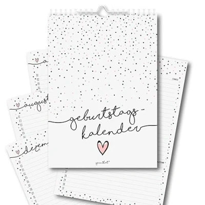 Afbeelding van Verjaardagskalender, DIN A4, confettipatroon met extra lange lijnen, spiraalbinding, 170 g/m², jaaronafhankelijk, permanente kalender voor dames, kantoor, de hele dag