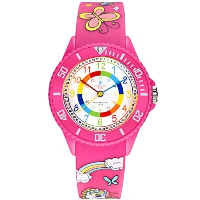Afbeelding van Alienwork Kinderhorloge van leer, uurwerk voor jongens en meisjes om te leren klokkijken, waterdicht 5 ATM