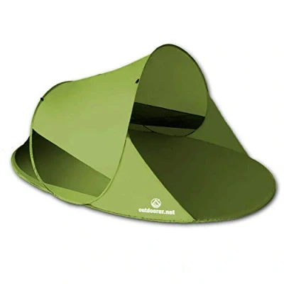 Afbeelding van outdoorer Zack II groen werpstrandtent zelfgebouwde pop up strandtent, UV 60 zonwering, windbescherming, grote strandtent