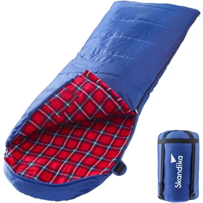 Afbeelding van Skandika Dundee Flannel L Slaapzak Dekenmodel Slaapzakken volwassen Maat M Unisex Katoen, luxe kwaliteit, dubbele slaapzak, 3 seizoenen, tot 20C 220 x 80 cm Outdoor kampeerslaapzak Ritssluiting links blauw/rood