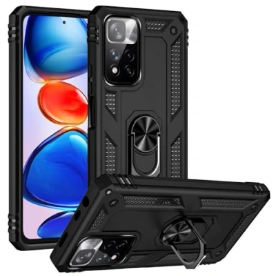 Afbeelding van Beschermhoes voor de Xiaomi Redmi Note 11 Pro, Schokbestendig, met 360 graden draaibare ring, Magnetisch, Onbuigzaam, Pantser, Ringstandaard versterkt (Xiaomi Zwart)