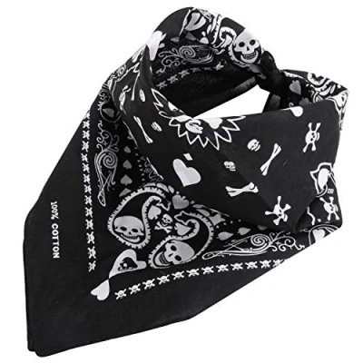 Afbeelding van TRIXES Speelkaart hoofddoek zwart bandana met dubbelzijdig wit schedel patroon volwassenen uniseks Halloween kostuum rekwisieten, zwart, één maat/één maat, zwart.