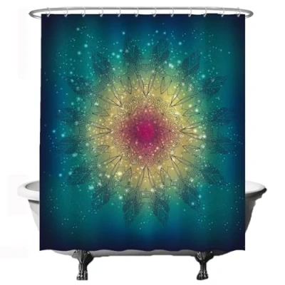 Afbeelding van Ulticool Douchegordijn Mandala Bohemian Goud Groen Roze 180 x 200 cm semi Transparant met 12 Ringen Wit anti Schimmel