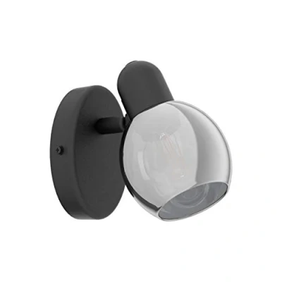 Afbeelding van EGLO Wandlamp Pollica, 1 lichtpunt, moderne wandspot voor binnen van staal en rookglas, woonkamerlamp in zwart, hallamp met E14 fitting