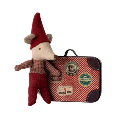 Afbeelding van Maileg knuffelmuis baby in koffer kerst 8 cm