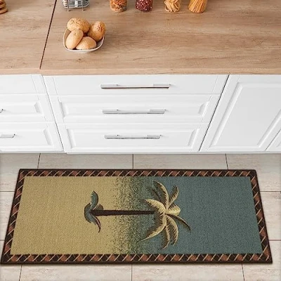 Afbeelding van Machinewasbaar, tropisch palmboomontwerp, antislip rubberback 2 x 5 binnen, keukenloper, tapijt voor gang, keuken, woonkamer, slaapkamer, entree, 20 149 cm, beige/groenblauw