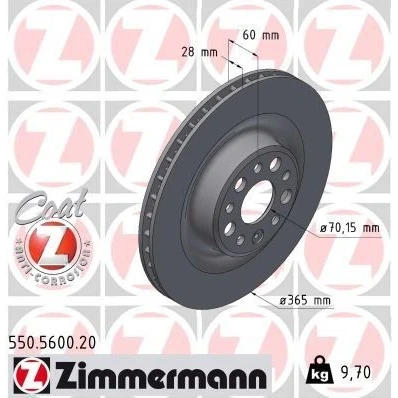Afbeelding van ZIMMERMANN Remschijf 365mm 28mm 6/5 5 gat 120mm interne ventilatie Gecoat High carbon 550.5600.20 102763200B,142063100A,6006431,600643100C,600643100D