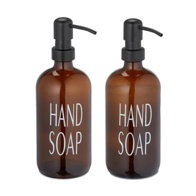 Afbeelding van Relaxdays zeeppomp glas 500 ml set van 2 zeep dispenser bruin lotion
