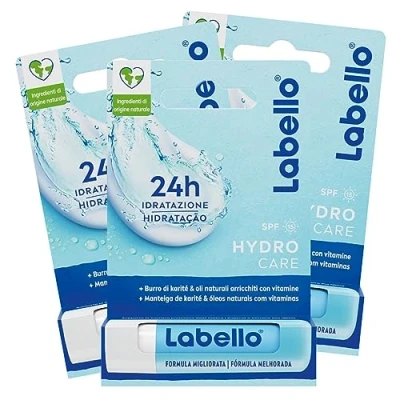 Afbeelding van Labello Hydro Care Burrocacao hydraterende lippenbalsem met aloë vera en voedende natuurlijke oliën, SPF 15, zonwering, 3 sticks