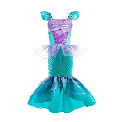 Afbeelding van Lito Angels Kostuum kleine zeemeermin, prinses, Ariel, kinderen, meisjes, verjaardag, feest, carnaval, kostuum, maat 7 8 jaar, groen