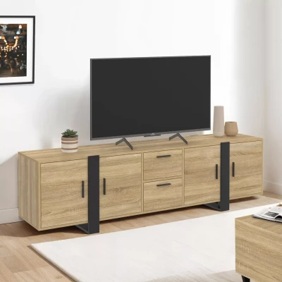 Image de Meuble TV 180 cm PHOENIX 4 portes + 2 tiroirs bois et noir