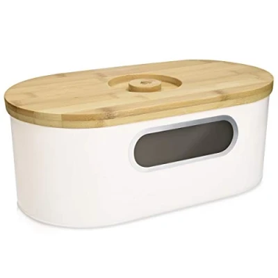 Afbeelding van Navaris broodtrommel Met bamboe deksel Voor opslag van brood snijplank en doorzichtig kijkvenster Crèmekleurige vintage stijl brooddoos