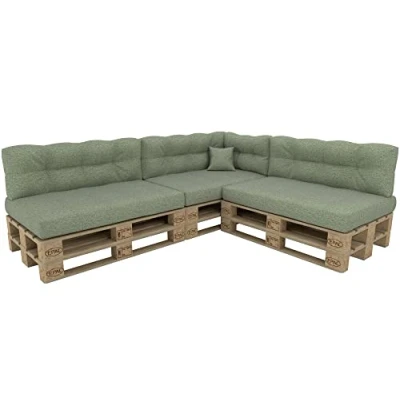 Afbeelding van POKAR Set van 8 kussens voor europallets: 3 x zitting 120 80 cm + rugleuning 40 1 60 kussen cm, tuinbank, binnen en buiten, zonder pallet, groen