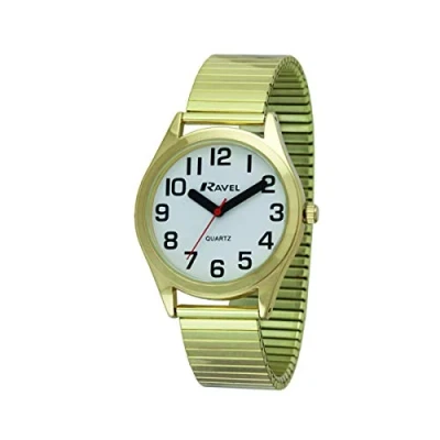 Afbeelding van Ravel Unisex super gedurfde visie hulp roestvrij staal expander Armband horloge met grote cijfers en handen, Goud/Wit,