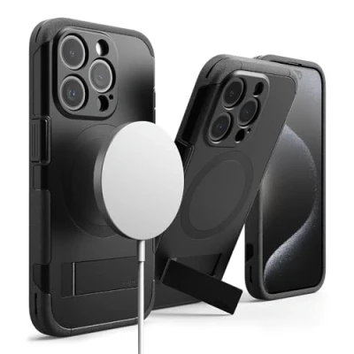 Afbeelding van Ringke Beschermhoes compatibel met iPhone 15 Pro [alles] antislip, schokbestendig, robuust, flexibel, ultradun, zacht, duurzaam, geïntegreerde standaard voor Pro, zwart