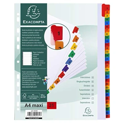 Image de Exacompta Réf. 4131E Intercalaires en carte blanche 160g/m2 FSC® avec 31 onglets imprimés numériques de 1 à couleur Page d&#039;indexation imprimable Format classer A4 maxi