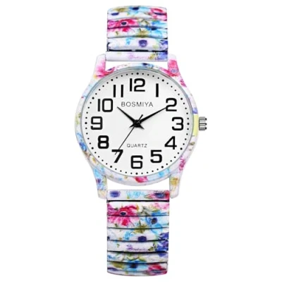 Afbeelding van JewelryWe Dameshorloges van elastisch roestvrij staal: vintage bohemien analoog kwartshorloge voor dames staal met grote wijzerplaat Arabische cijfers, Veelkleurig #14 inktbloemen,