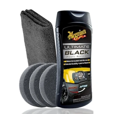 Afbeelding van Meguiar&#039;s Ultimate Black Plastic Restorer Verfrissingsset voor binnen en buiten + 3 applicatorpads polijstdoek kunststofverzorging een