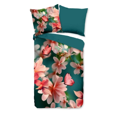 Afbeelding van Dekbedovertrek 135x200 cm Bloemen en Vlinders Print Roze/Groen 1 Persoons Microfiber Oeko Tex Gecertificeerd