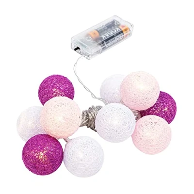 Afbeelding van Ideen mit Herz Bolvormige lichtketting met 10 leds, werkt op batterijen, katoenen ballen in 3 kleuren, diameter 35 mm per bal, timer (wit, roze, bessen)