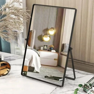 Afbeelding van Gosider Zwarte tafelspiegel, draagbare make upspiegel met metalen frame, rechthoekige bureauspiegel 90 standaard, enkelzijdige tafelspiegel voor slaapkamer, woonkamer, kantoor
