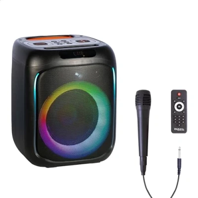 Afbeelding van Ibiza CUBE180 6.5&quot;/16cm 180W batterij luidspreker met bedrade microfoon en lichteffect Bluetooth, USB, MicroSD, TWS Zwart