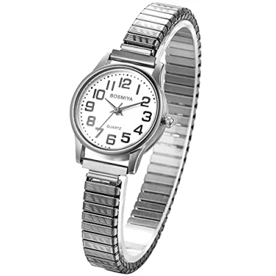 Afbeelding van JewelryWe Uitbreidbaar polshorloge voor heren, grote cijfers, eenvoudig en elegant, elastisch, kwarts, ultra helder gemakkelijk te lezen ouderen slechtzienden, zilver., armband